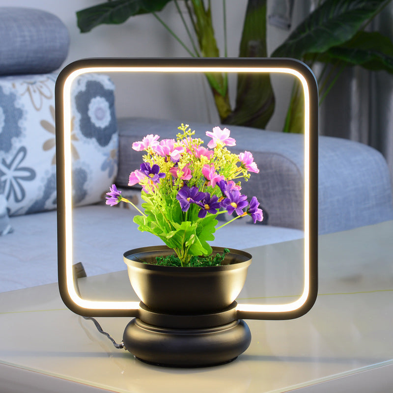Runde/quadratische Schlafzimmer Tisch Leicht Industrial Metal LED Schwarz/Weiß Nachtlampe mit Pflanzendekoration, warmes/weißes Licht