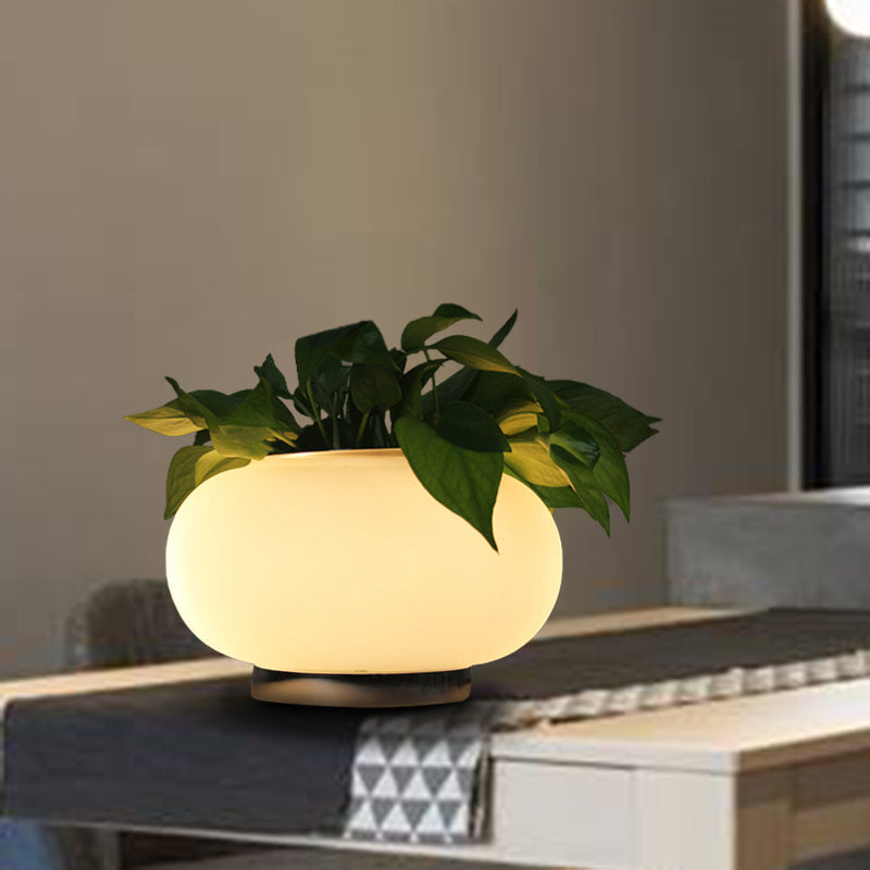 Lampada da comodino da soggiorno a LED industriale con lampada da tavolo ovale in vetro bianco con decorazione vegetale