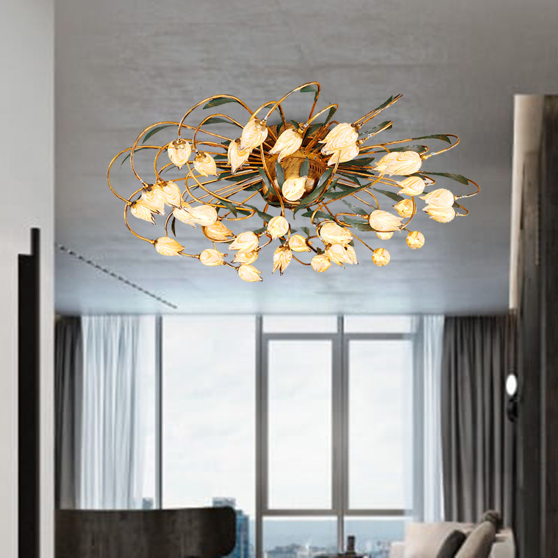 American Garden Tulip Ceiling Lamp 38 Heads Metal LED Semi Flush Light Fixture in Brass for Living Room