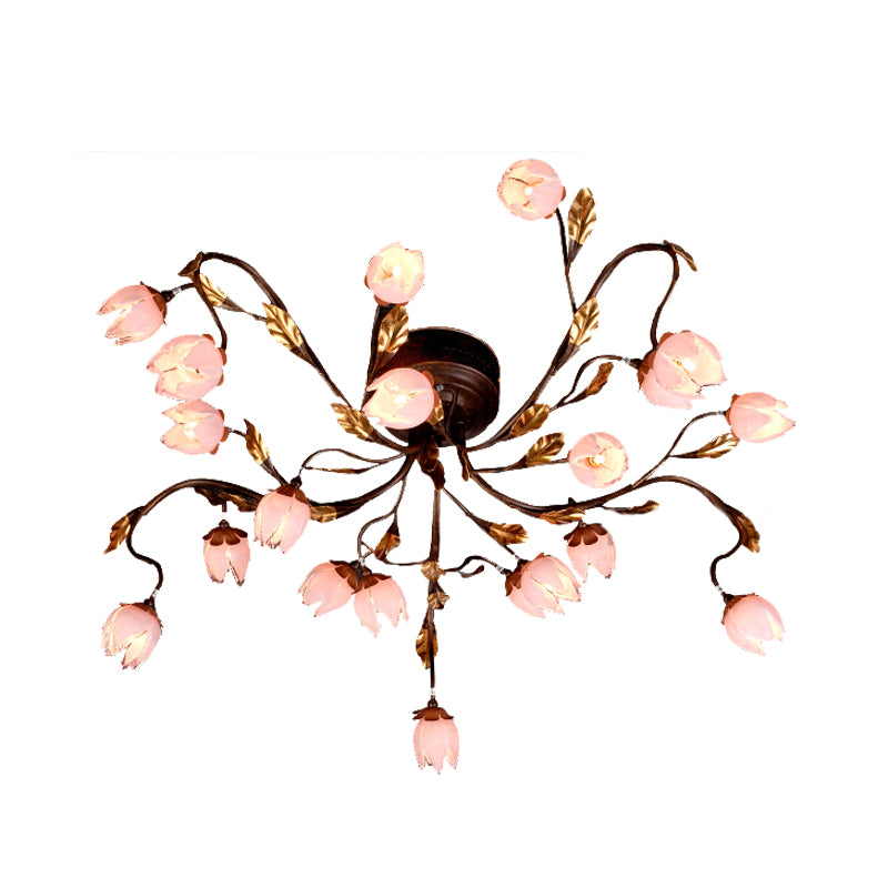 Metal Dark Brown Semi Flush Lotus 20 Bulbs American Garden LED Close to Ceiling Lamp for Study Room