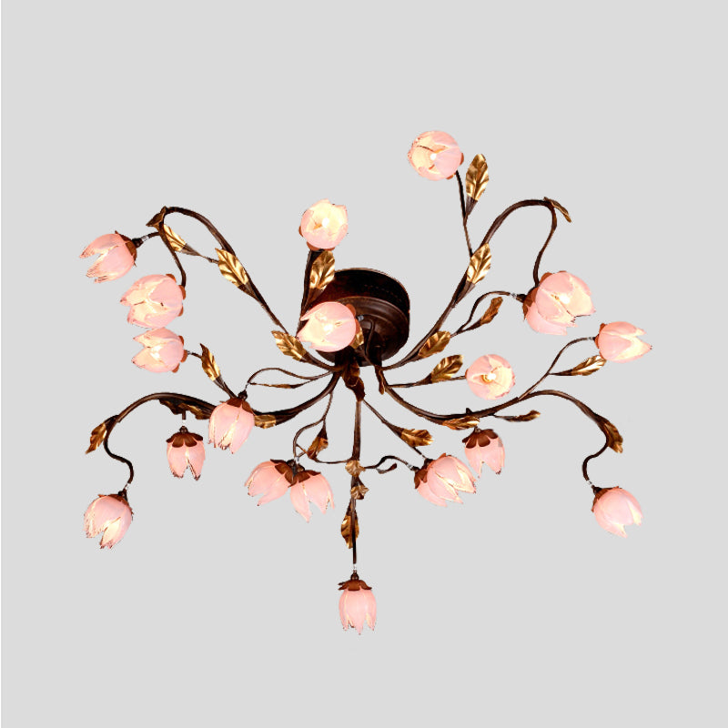 Metal Dark Brown Semi Flush Lotus 20 Bulbs American Garden LED Close to Ceiling Lamp for Study Room