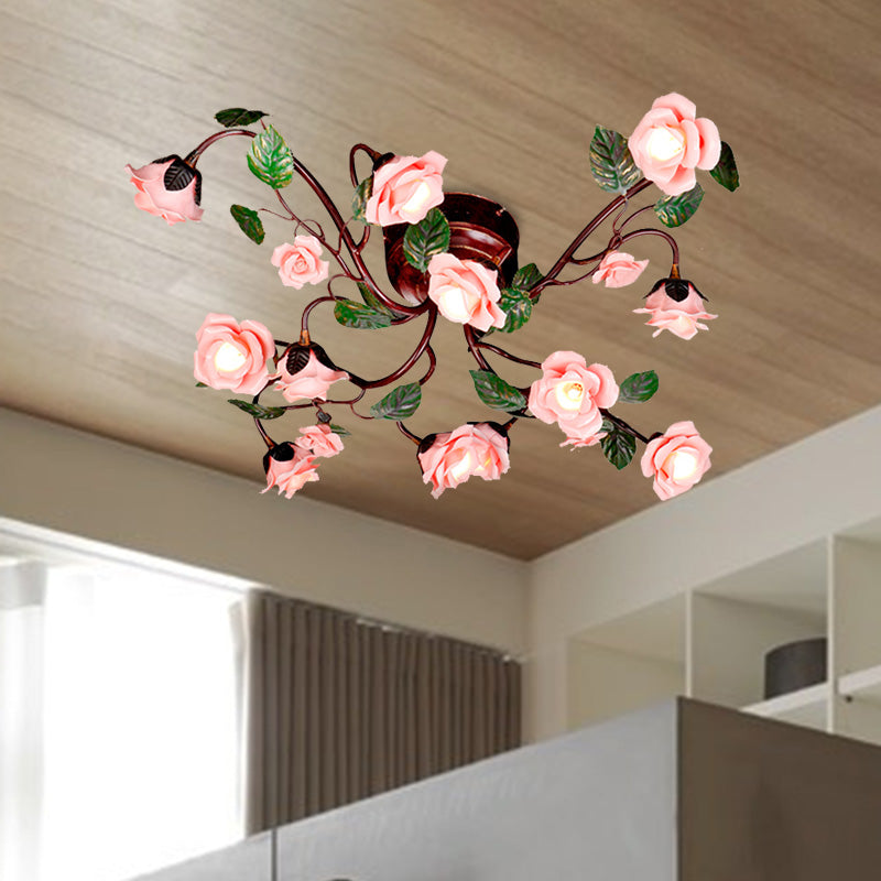 Rose Bedroom Semi Flush Mount American Garden Metal 12 Heads Dark Brown LED Close to Ceiling Lighting