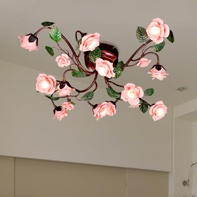 Rosenschlafzimmer Semi Flush Mount American Garden Metal 12 Köpfe dunkelbraune LED in der Nähe der Deckenbeleuchtung
