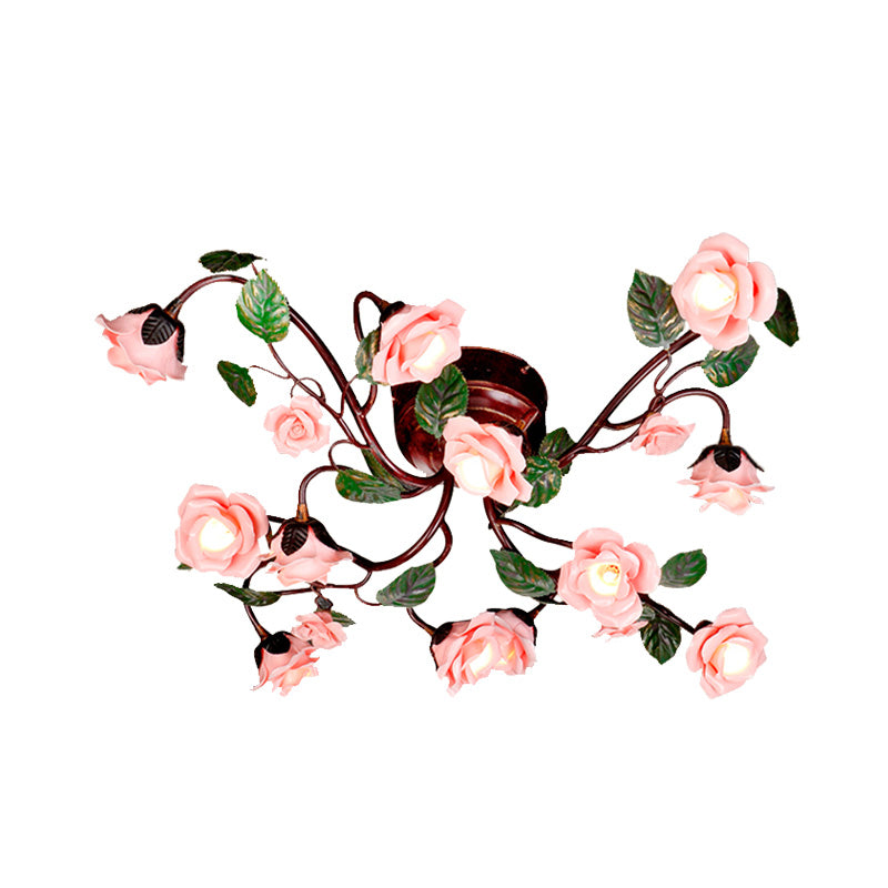 Rosenschlafzimmer Semi Flush Mount American Garden Metal 12 Köpfe dunkelbraune LED in der Nähe der Deckenbeleuchtung