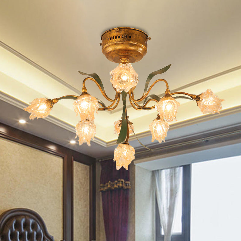 9-head dicht bij plafondlamp romantische pastoraal woonkamer led semi-spoelbevestiging verlichting met bloem mat glas in messing