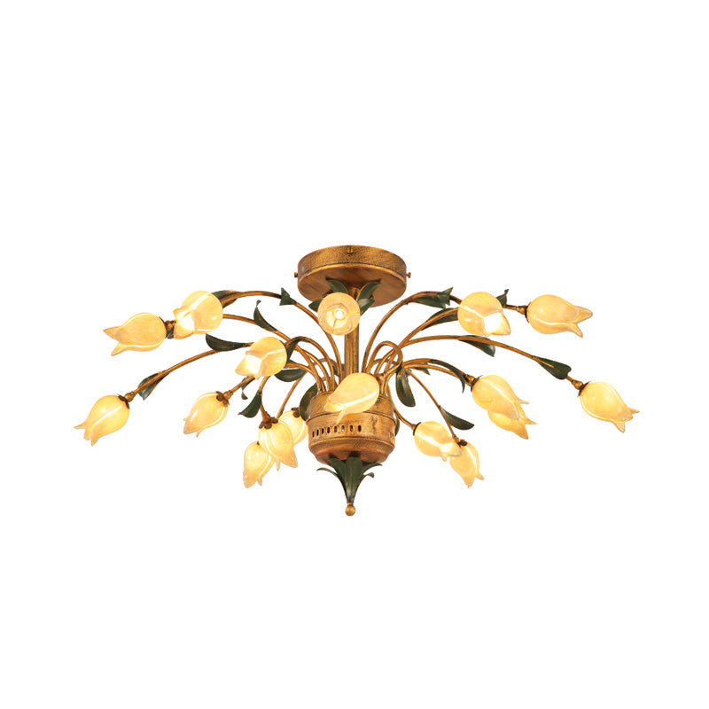 Tulip Living Room Ceiling Lamp Pastoral Style Metal 18 Bulbs Brass LED Semi Flush Mount Lighting