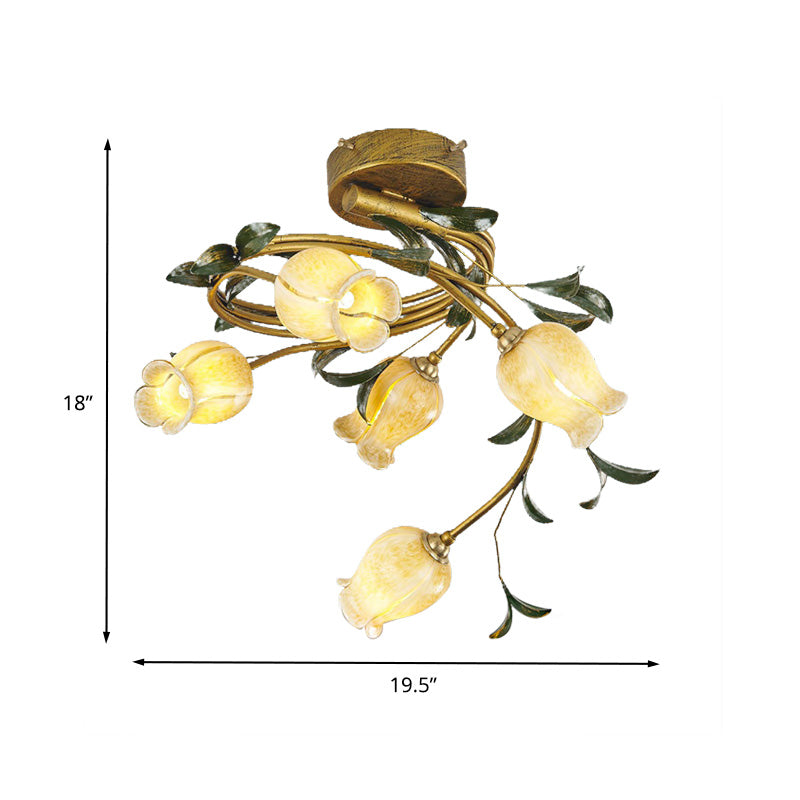 Sala da pranzo tulipica semi -filo in stile pastorale metallo 5 lampadine in ottone vicino alla lampada del soffitto