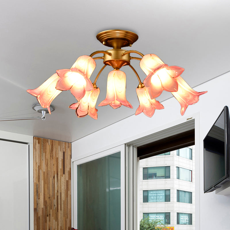 7 bulbos Luz de techo Campo Lily/Tulip White/Yellow/Purple Glass Semi Flush Mounting para sala de estar