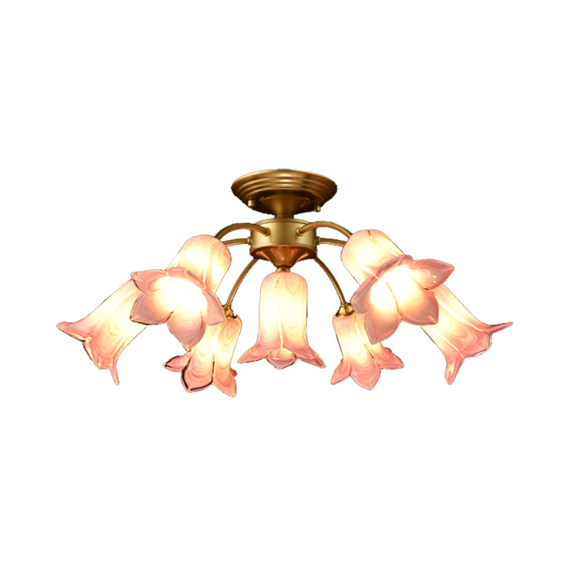7 bulbos Luz de techo Campo Lily/Tulip White/Yellow/Purple Glass Semi Flush Mounting para sala de estar