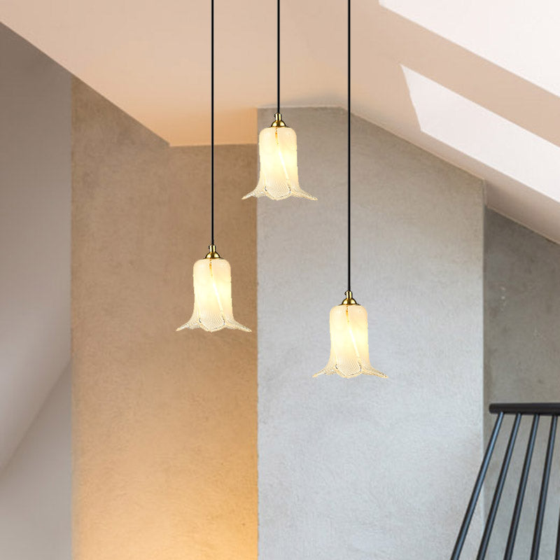 Romantic Pastoral Lily Cluster Pendant 3 Bulbs White/Green/Purple Glass LED Ceiling Hang Fixture for Foyer