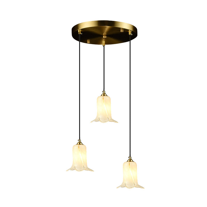 Romantic Pastoral Lily Cluster Pendant 3 Bulbs White/Green/Purple Glass LED Ceiling Hang Fixture for Foyer