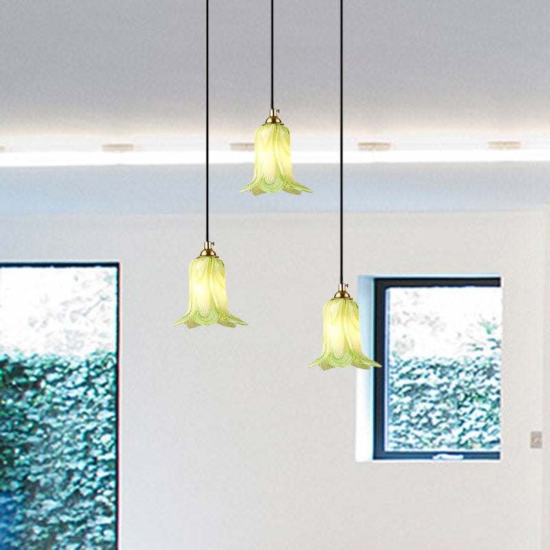 Romantic Pastoral Lily Cluster Pendant 3 Bulbs White/Green/Purple Glass LED Ceiling Hang Fixture for Foyer