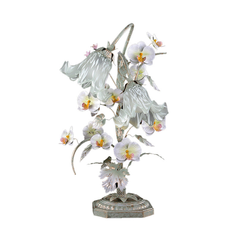 Metal Silver Night Table Lamp Flower 2 Bulbs Countryside Nightstand Lighting for Living Room