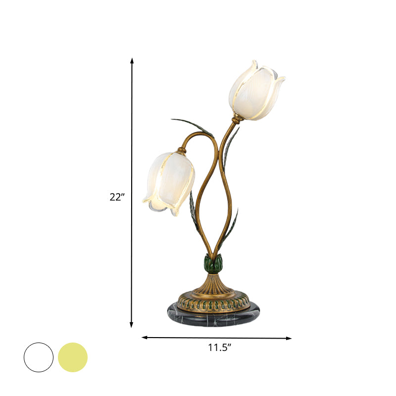 Brass Tulip Nightstand Lighting Romantic Pastoral White/Yellow Glass 2 Bulbs Bedroom Night Table Lamp