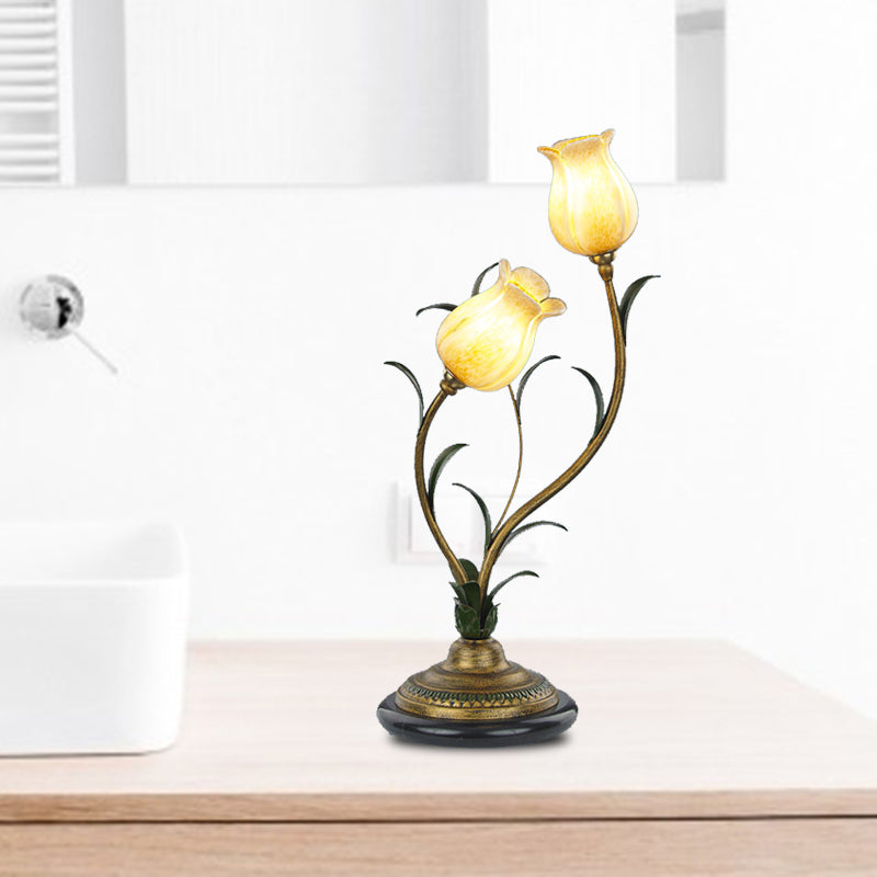 Brass Tulip Nightstand Lighting Romantic Pastoral White/Yellow Glass 2 Bulbs Bedroom Night Table Lamp