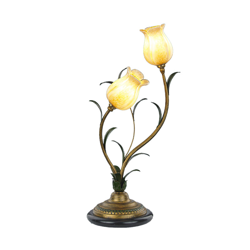 Brass Tulip Nightstand Lighting Romantic Pastoral White/Yellow Glass 2 Bulbs Bedroom Night Table Lamp