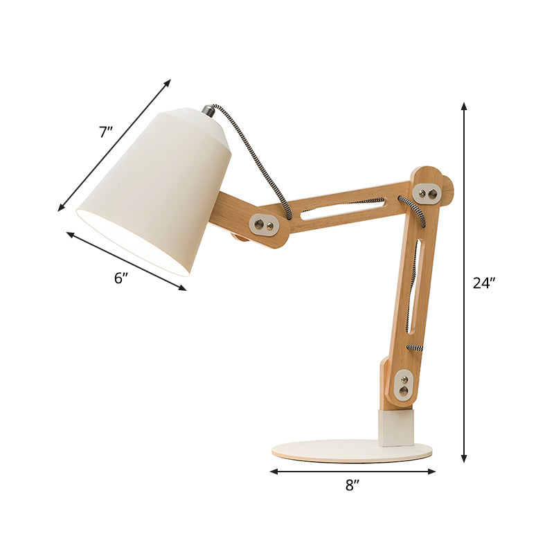 Lampada da scrivania in metallo conico moderno 1 tavola bianca a testa con braccio in legno regolabile