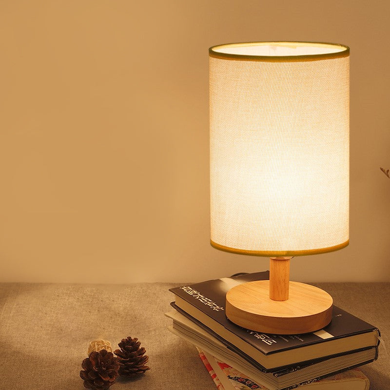 Attività del cilindro in tessuto illuminazione giapponese 1 lampada da lettura in lampadina in bianco/lino con base in legno