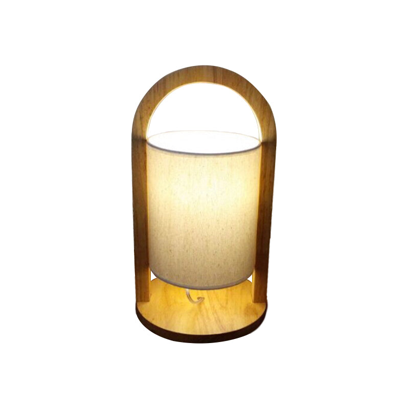 Cylindrical Task Light Modernism Fabric 1 Bulb Nightstand Lamp in White with Wood Handle