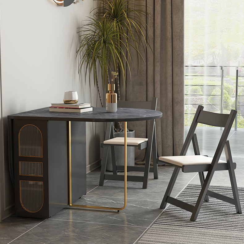 59'' Foldable Sintered Stone Top Dining Table Modern Oval Table with Storage Trestle Base