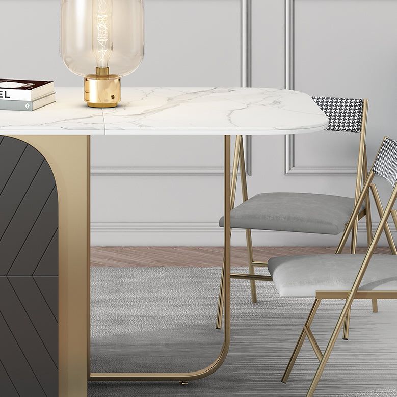 Mesa de comedor rectangular moderna de piedra sinterizada de cabello de 63 "con marco de oro