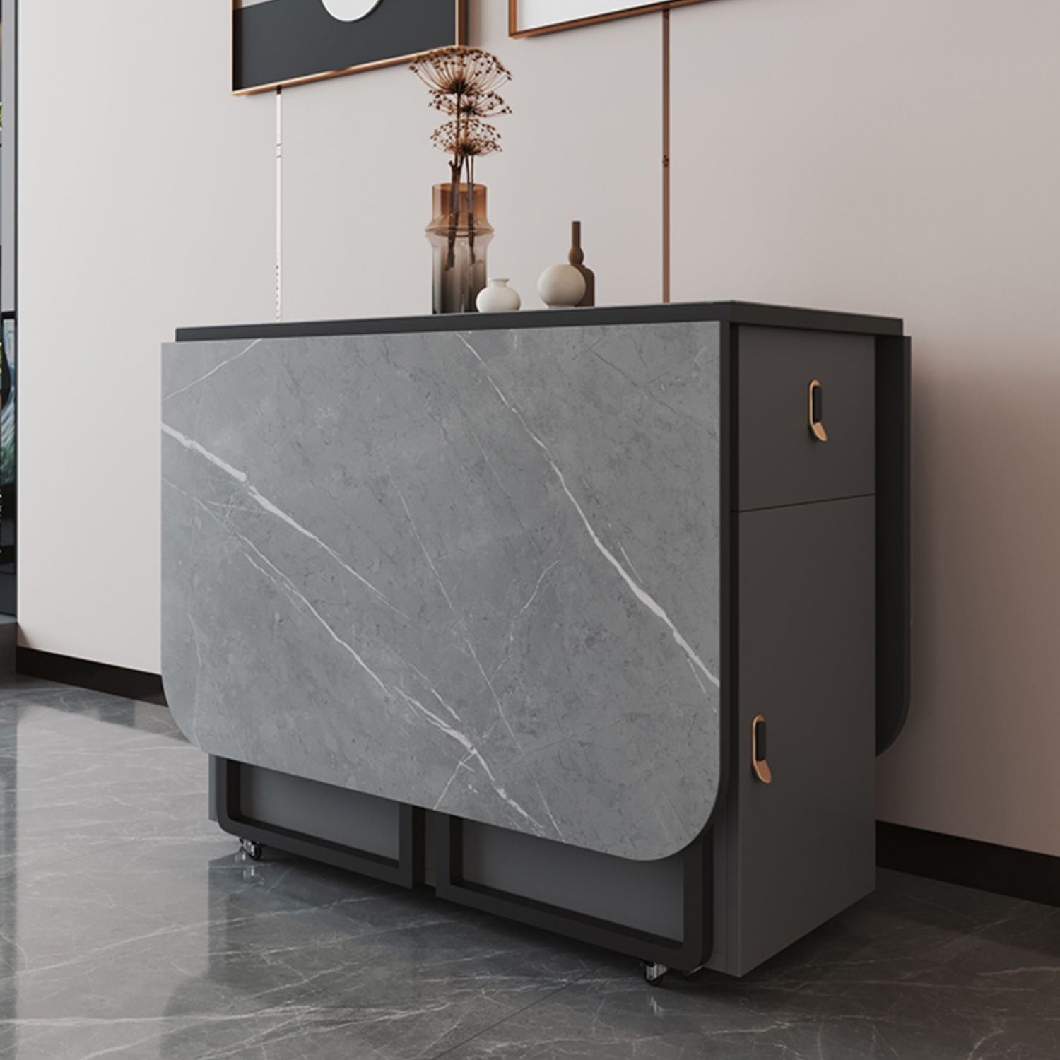 Moderne stijl rechthoek eettafel gesinterde stenen drop-blad eettafel