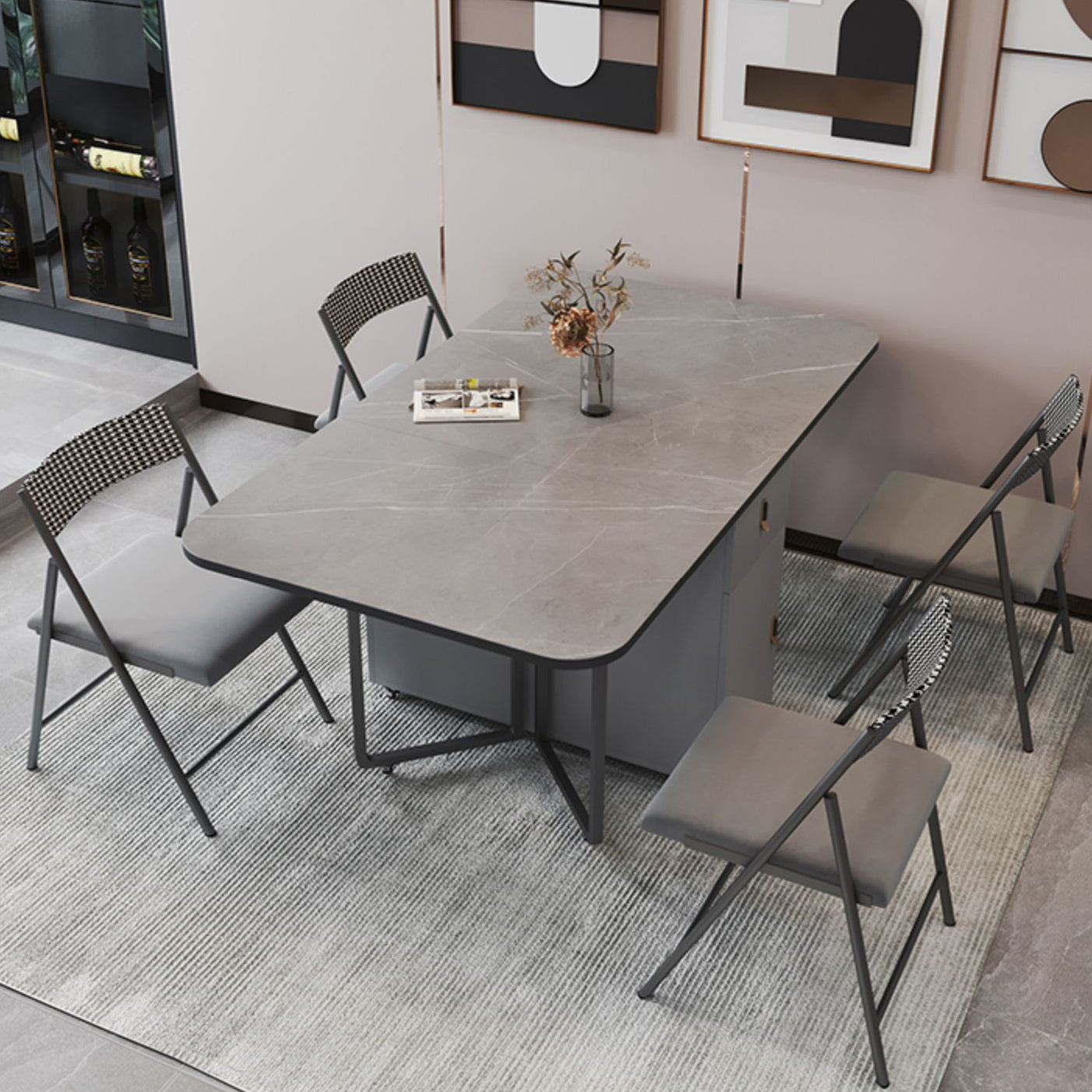 Moderne stijl rechthoek eettafel gesinterde stenen drop-blad eettafel