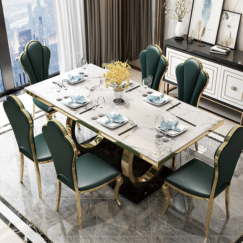 Mesa de comedor de mármol de estilo de lujo, mesa rectangular con base de caballete para el hogar