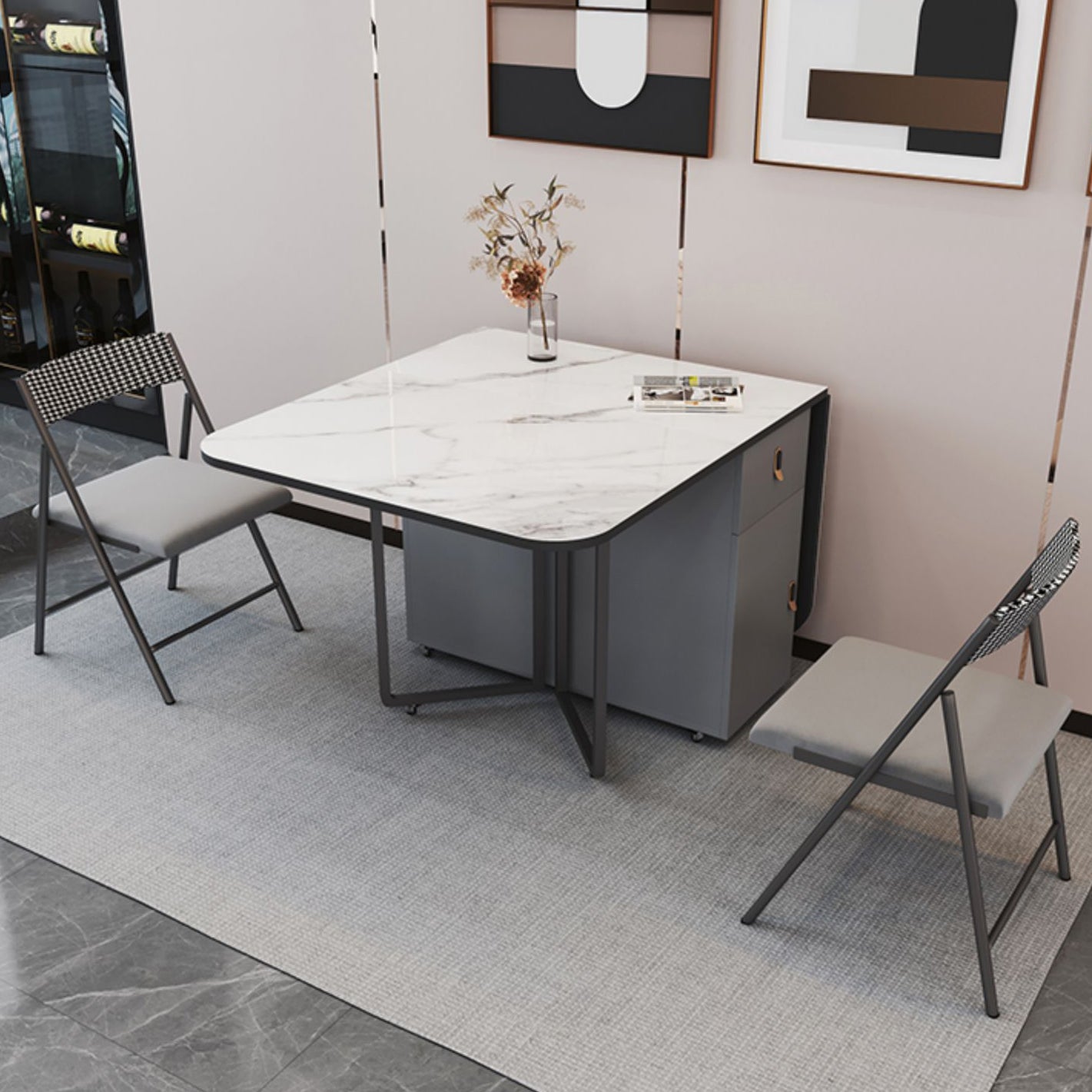 Modern Style Rectangle Dining Table Sintered Stone Drop-Leaf Dining Table with Black Frame