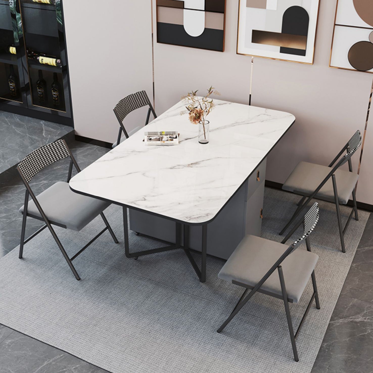 Modern Style Rectangle Dining Table Sintered Stone Drop-Leaf Dining Table with Black Frame