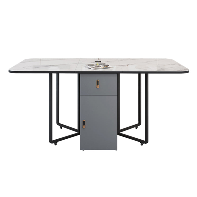 Modern Style Rectangle Dining Table Sintered Stone Drop-Leaf Dining Table with Black Frame