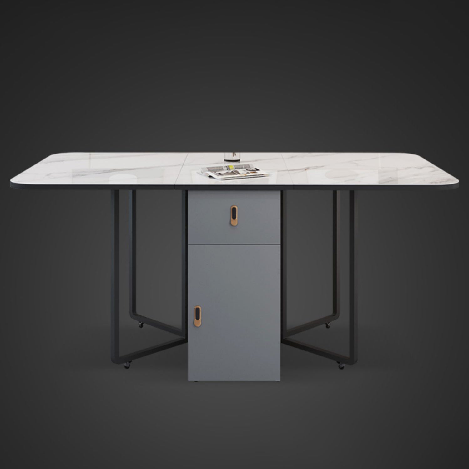 Modern Style Rectangle Dining Table Sintered Stone Drop-Leaf Dining Table with Black Frame