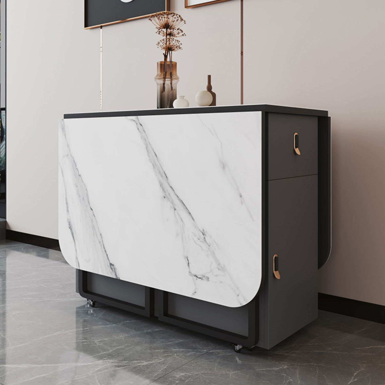 Modern Style Rectangle Dining Table Sintered Stone Drop-Leaf Dining Table with Black Frame