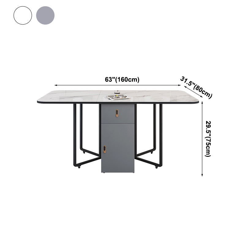 Modern Style Rectangle Dining Table Sintered Stone Drop-Leaf Dining Table with Black Frame