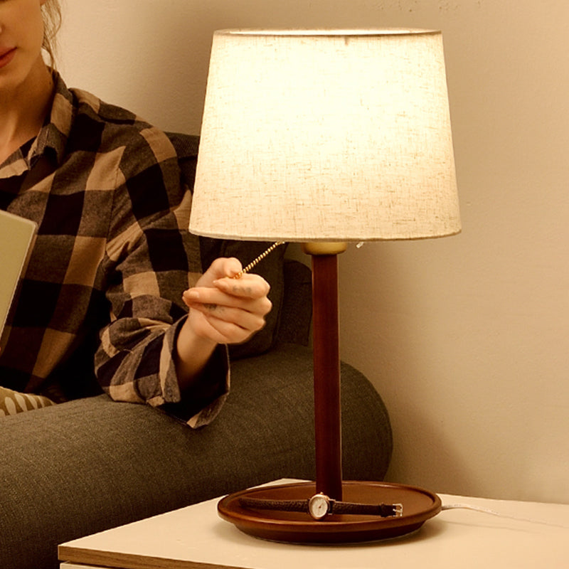 1 tête de table conique légère tissu moderniste petite lampe de bureau en brun rouge / bois avec chaîne de traction