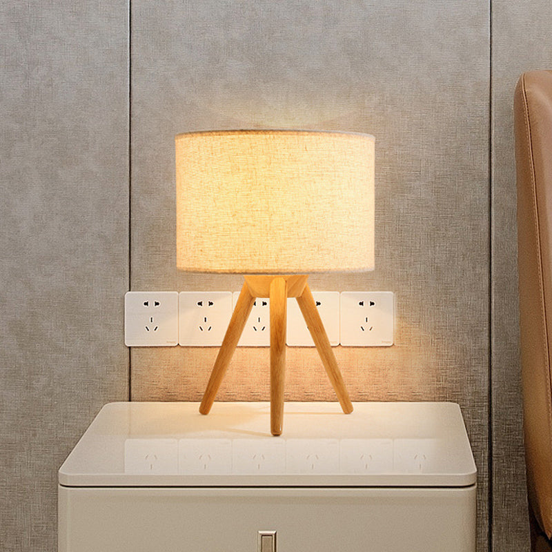 1 Bulb Bedside Task Lighting Modern Wood Night Table Lamp with Cylinder Fabric Shade