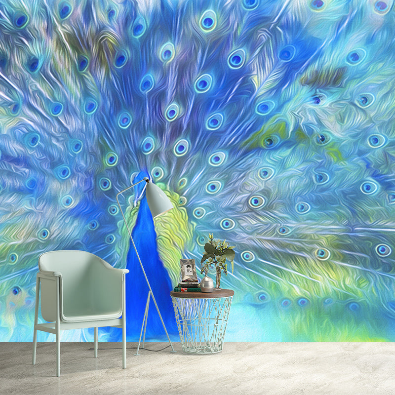 Tropical Peacock Illustration Mural Wallpaper for Sitting Room Wall Covering in Soft Color
