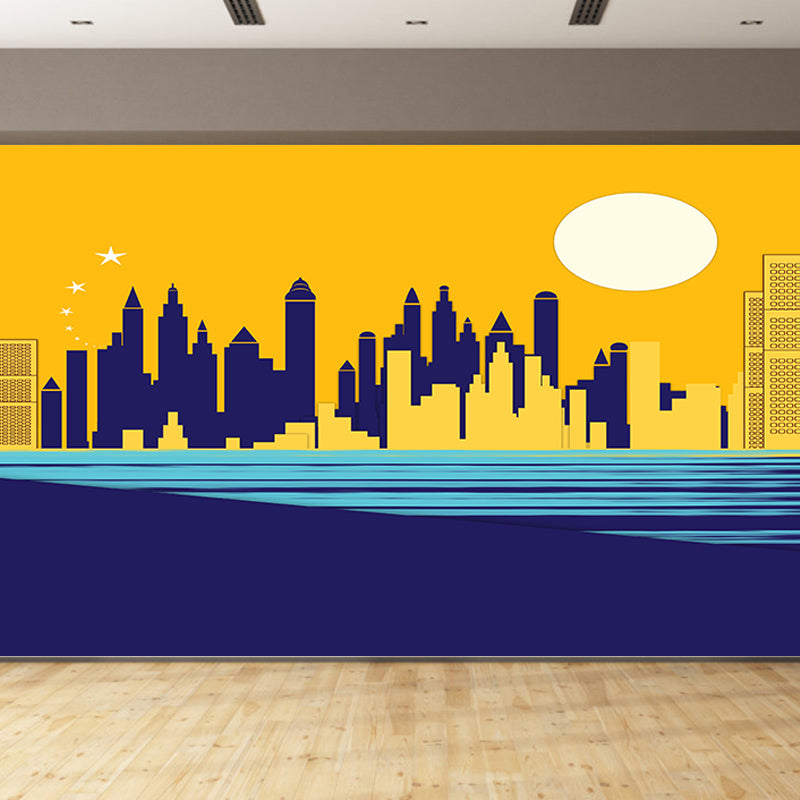 Modern City Illustration Mural Wallpaper for Meeting Room Wall Covering in Soft Color