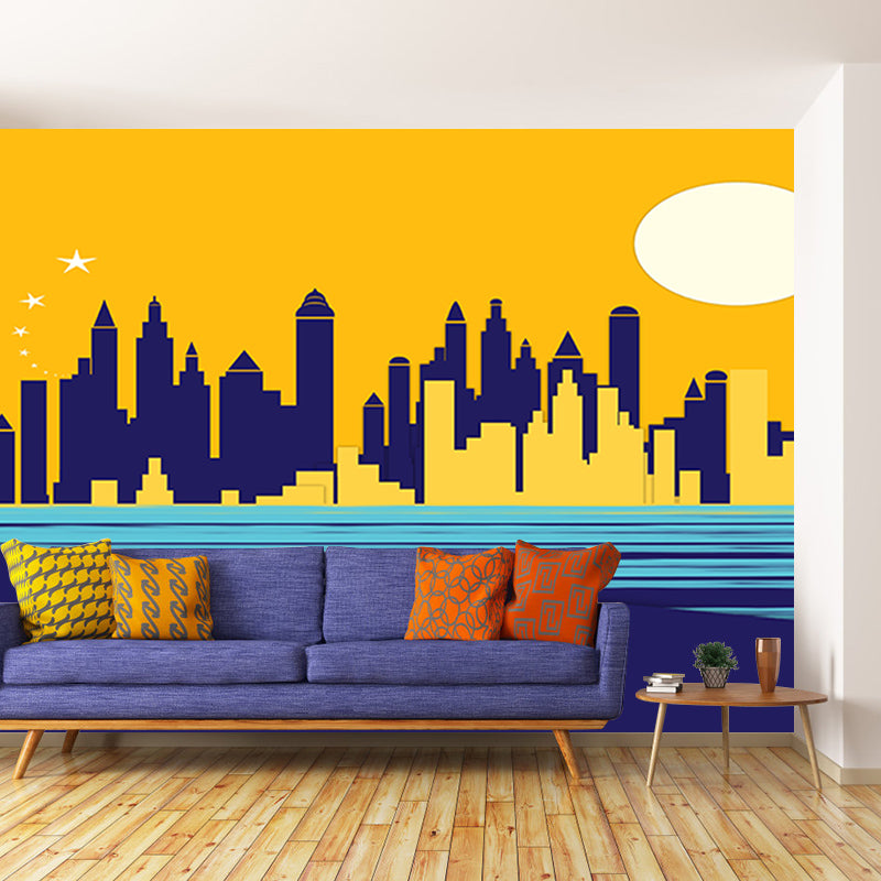Modern City Illustration Mural Wallpaper for Meeting Room Wall Covering in Soft Color
