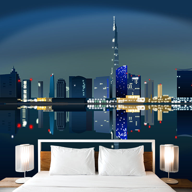 City Building Illustration Wall Mural Moisture Resistant Contemporary Bedroom Wall Covering