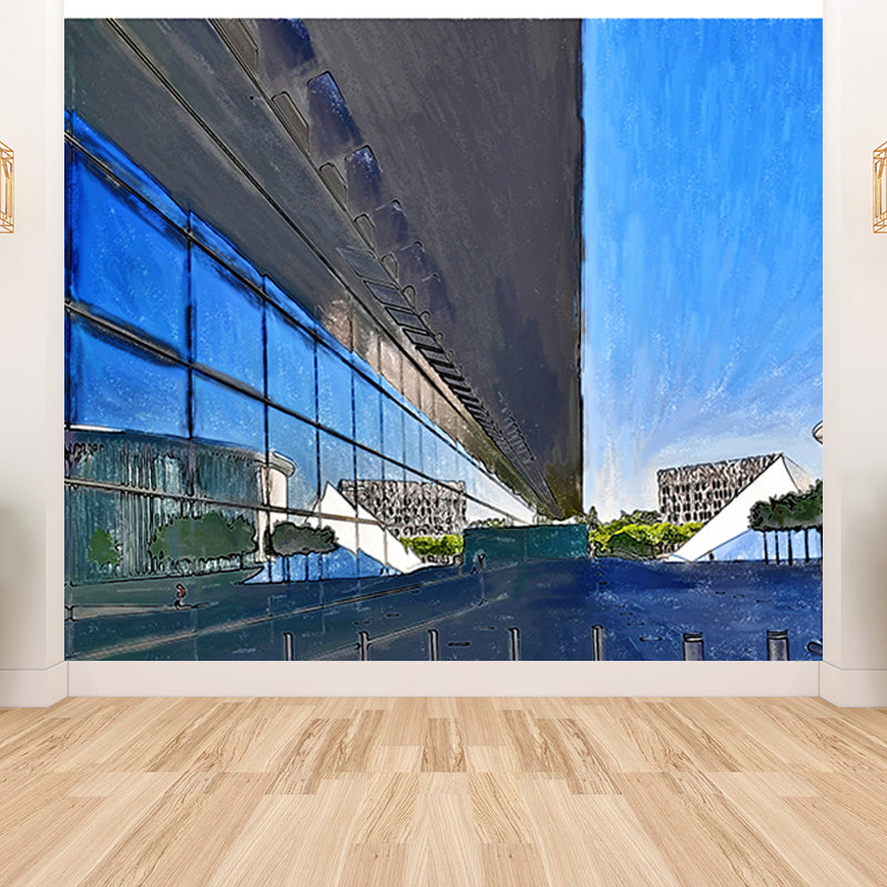 City Building Illustration Wall Mural Moisture Resistant Contemporary Bedroom Wall Covering