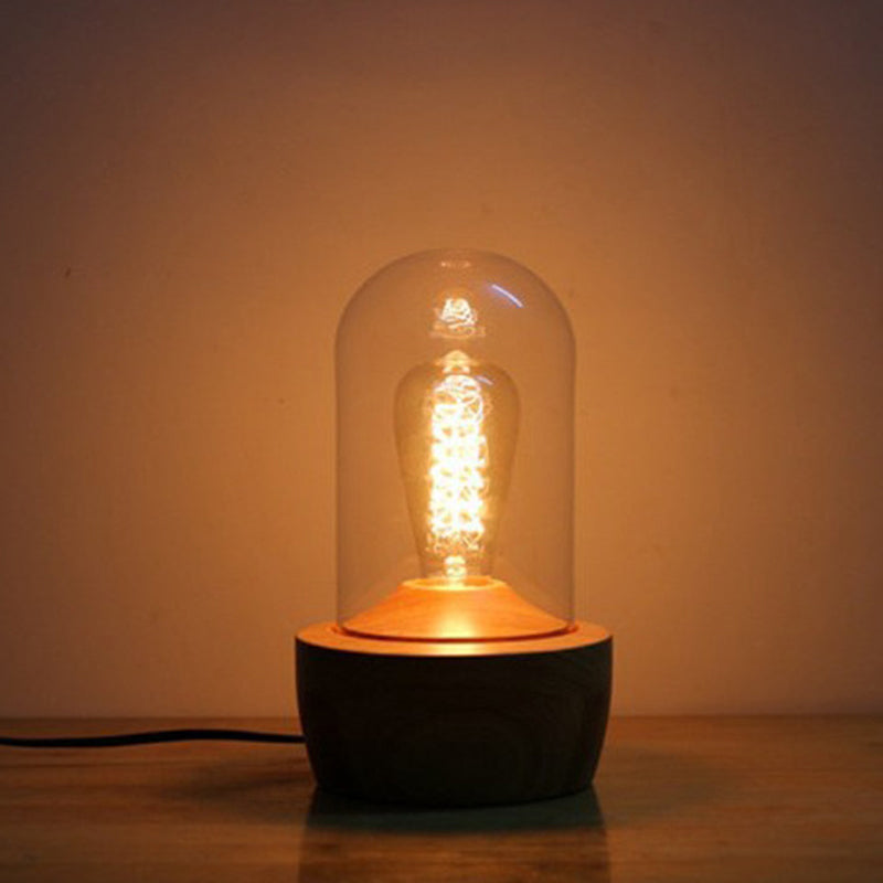 1 table de cylindre de tête Lumière de nuit en verre transparent moderne lampe en bois pour la chambre
