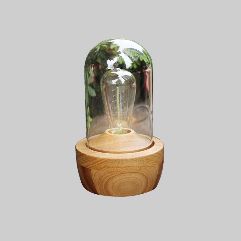 1 table de cylindre de tête Lumière de nuit en verre transparent moderne lampe en bois pour la chambre