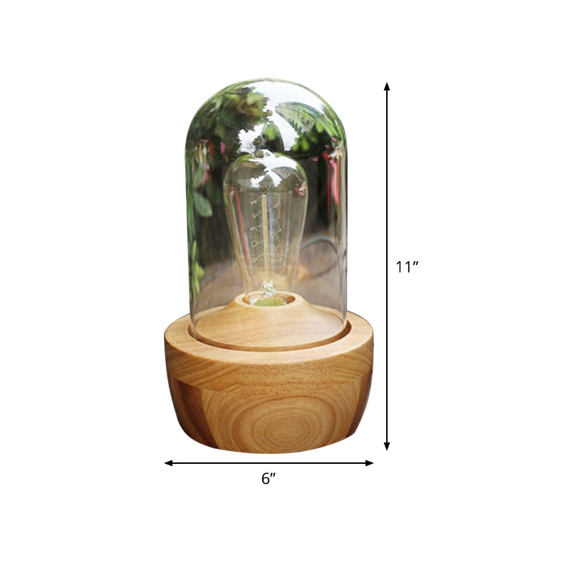 1 table de cylindre de tête Lumière de nuit en verre transparent moderne lampe en bois pour la chambre