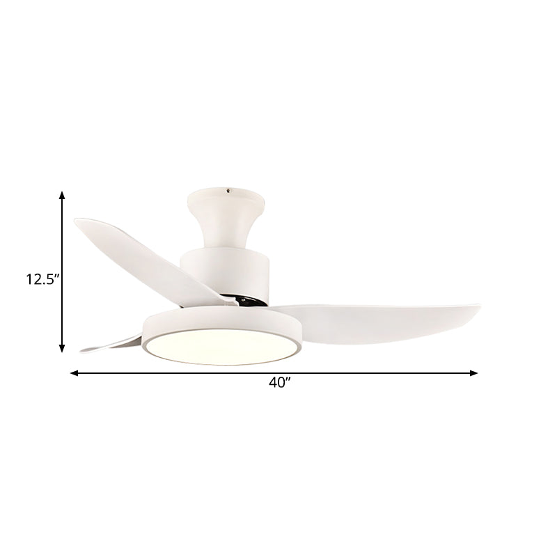 40" Wide White LED Hanging Fan Lighting Contemporary Metal Circle Semi Flush Mount Light Fixture for Bedroom, 3 Blades