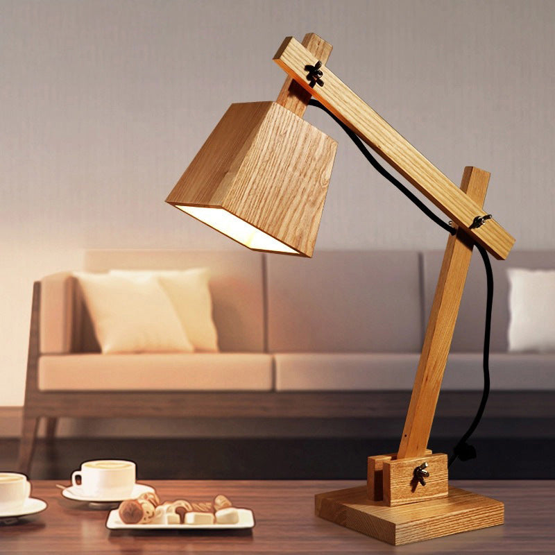 1 Bulb Bedroom Table Light Modern Brown Small Desk Lamp with Trapezoid Wood Shade
