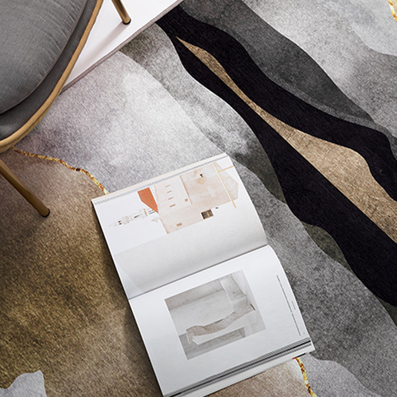 Grey Living Room Carpet Modern Chenille Abstract Pattern Area Rug Stain Resistant Washable Rug