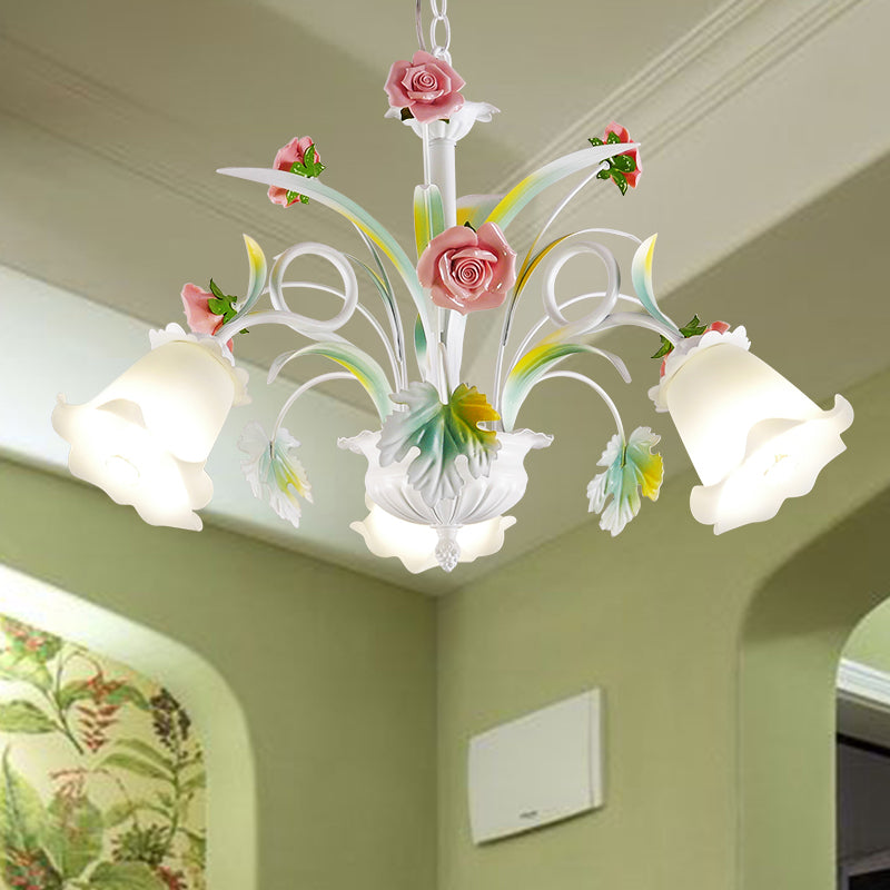 White Glass Rose Chandelier Light Countryside 3 Bulbs Living Room Pendant Lighting Fixture