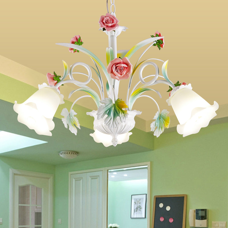White Glass Rose Chandelier Light Countryside 3 Bulbs Living Room Pendant Lighting Fixture