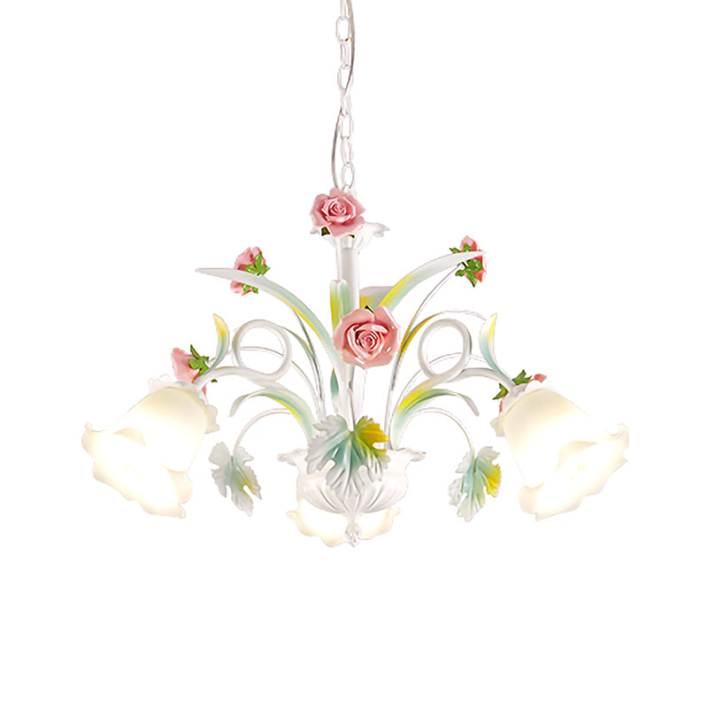 White Glass Rose Chandelier Light Countryside 3 Bulbs Living Room Pendant Lighting Fixture